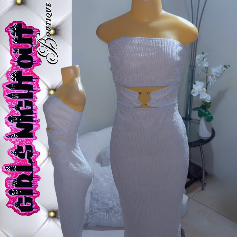 Strapless White Ribbed Cutout Midi Dress
